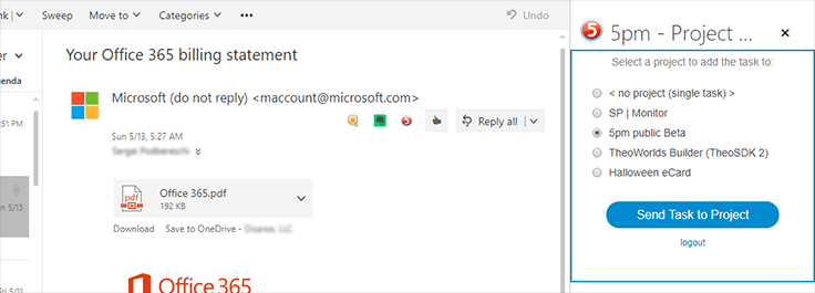 Outlook Add-in — select the project