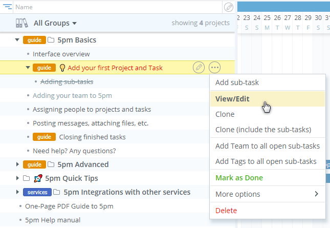 Project and Task menu